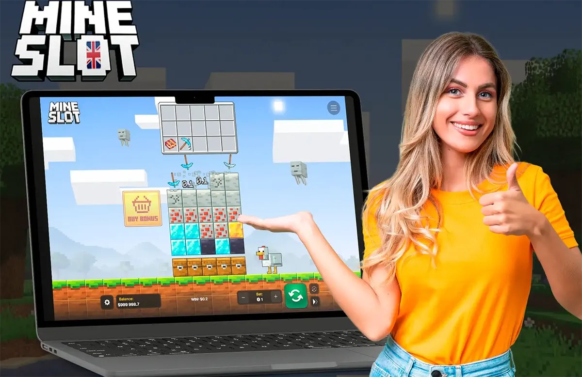 Promotional Mine Slot image showing the Mine Slot logo, a laptop displaying the Minecraft-style slot game screen with block symbols and a chicken character, and a smiling woman in a yellow shirt pointing at the laptop and giving a thumbs-up.
