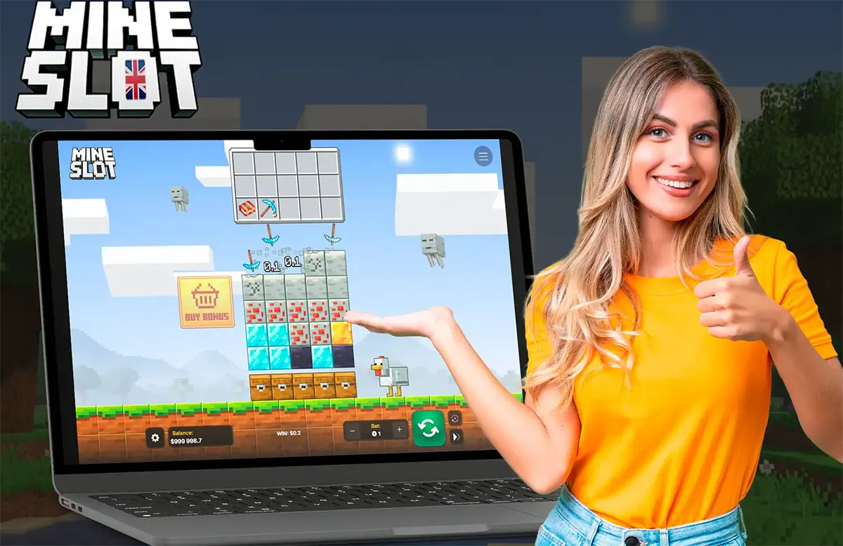 Promotional Mine Slot image showing the Mine Slot logo, a laptop displaying the Minecraft-style slot game screen with block symbols and a chicken character, and a smiling woman in a yellow shirt pointing at the laptop and giving a thumbs-up.