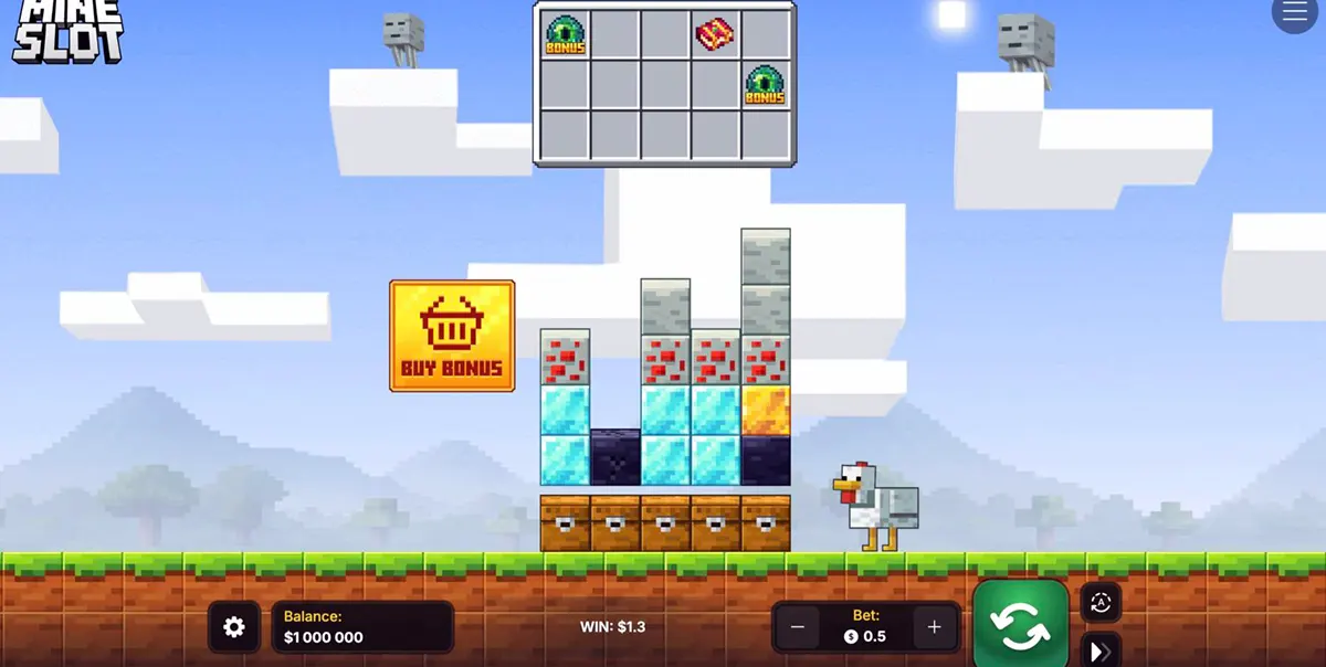 Screenshot of the Mine Slot game with a Minecraft-style sky and clouds, showing a central stack of block symbols above treasure chests, a “Buy Bonus” button on the left, a pixel chicken on the right, and balance, win, bet, and spin controls along the bottom.